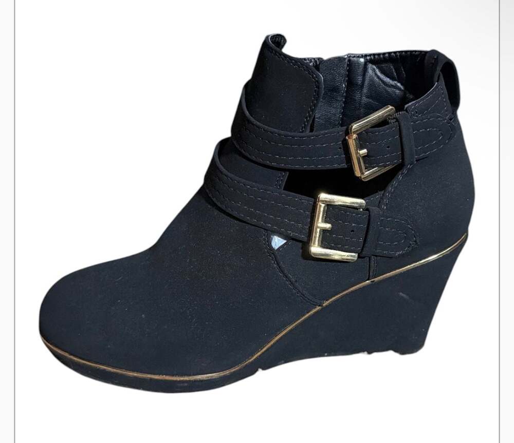 Andiamo Women's Black Faux Suede Wedge Ankle Booties with Double Buckle Straps
